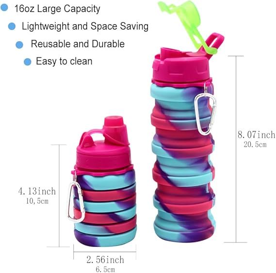 Silicone Collapsible Water Bottles, 16oz 500ml Portable Foldable Expandable Water Bottle Sports Cups, Leak Proof Reusable BPA Free, for Outdoor Activities Travel