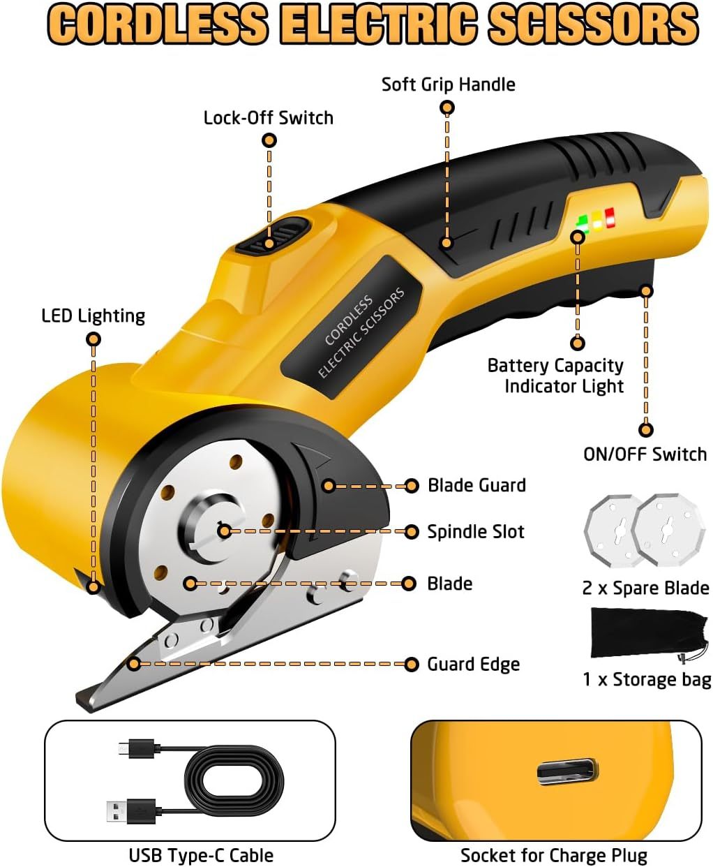 Cordless Electric Scissors,4V Rechargeable Cardboard Cutter Heavy Duty Scissor with Safety Lock & LED Light for Box Carpet Plastic Fabric