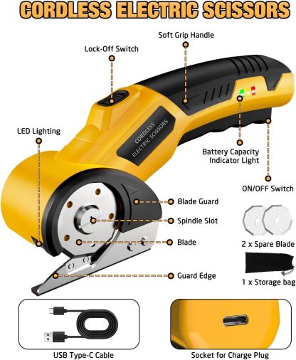 Cordless Electric Scissors,4V Rechargeable Cardboard Cutter Heavy Duty Scissor with Safety Lock & LED Light for Box Carpet Plastic Fabric