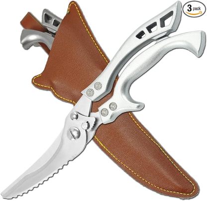 Kitchen Scissors, Heavy Duty Professional Poultry Shears, Stainless Steel Spring Loaded, Dishwasher Safe, with Black Leather Sheath