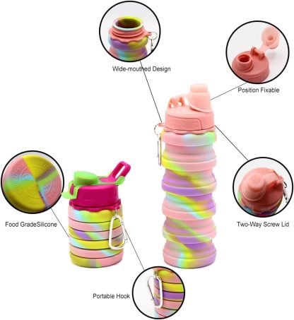 Silicone Collapsible Water Bottles, 16oz 500ml Portable Foldable Expandable Water Bottle Sports Cups, Leak Proof Reusable BPA Free, for Outdoor Activities Travel