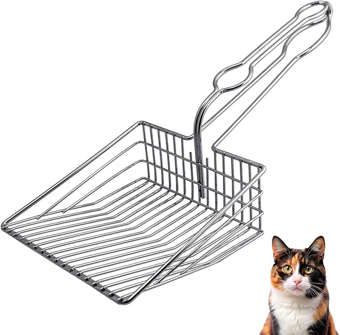 Cat Litter Scoop - Extra Large Heavy Duty Metal Kitty Litter Scoop, Premium Stainless Steel Cat Poop Scooper, Durable Sifting Shovel with Long Handle for Easy Cleanup