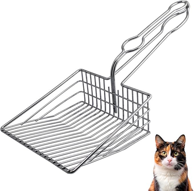Cat Litter Scoop - Extra Large Heavy Duty Metal Kitty Litter Scoop, Premium Stainless Steel Cat Poop Scooper, Durable Sifting Shovel with Long Handle for Easy Cleanup