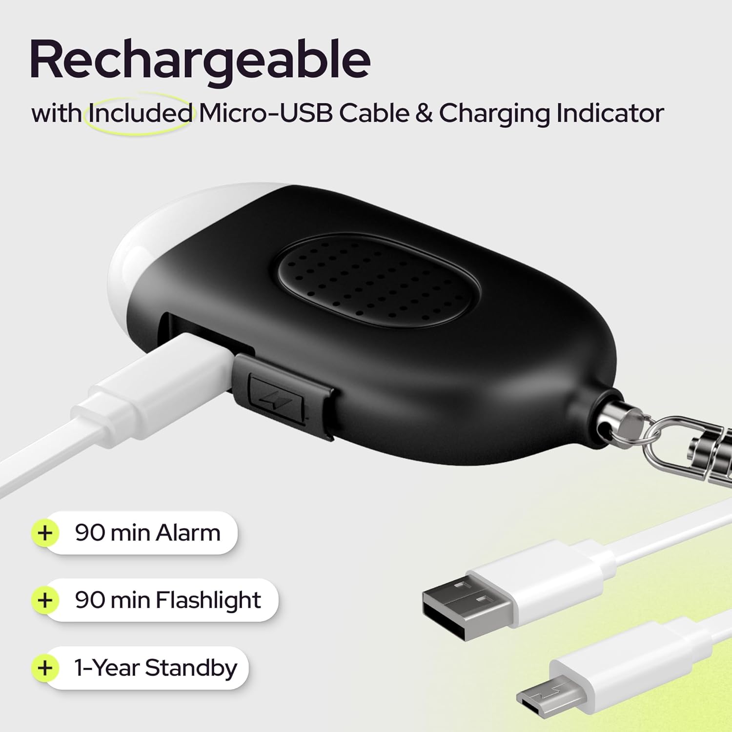 USB Rechargeable Personal Safety Alarm with 130dB Siren & LED Light