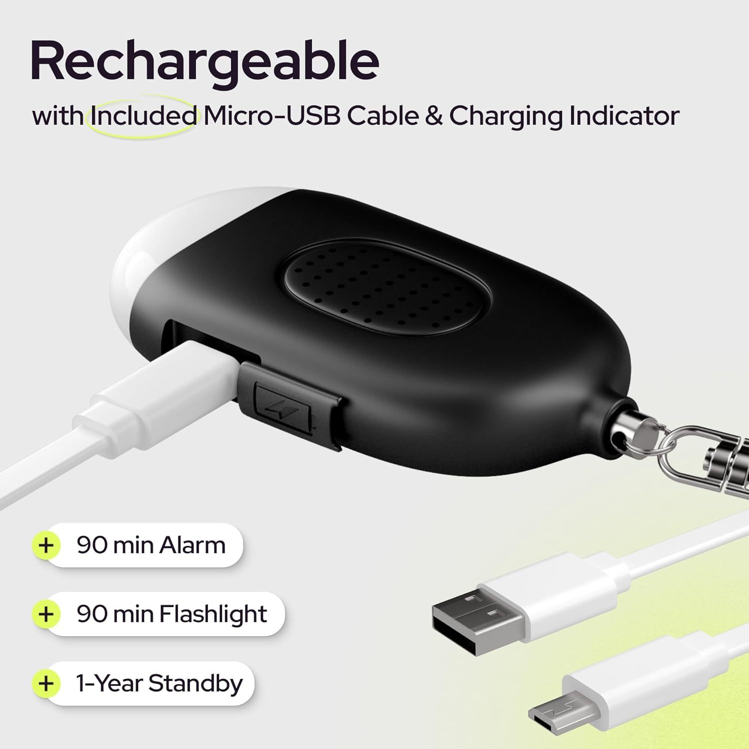 USB Rechargeable Personal Safety Alarm with 130dB Siren & LED Light