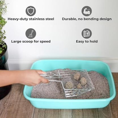 Cat Litter Scoop - Extra Large Heavy Duty Metal Kitty Litter Scoop, Premium Stainless Steel Cat Poop Scooper, Durable Sifting Shovel with Long Handle for Easy Cleanup