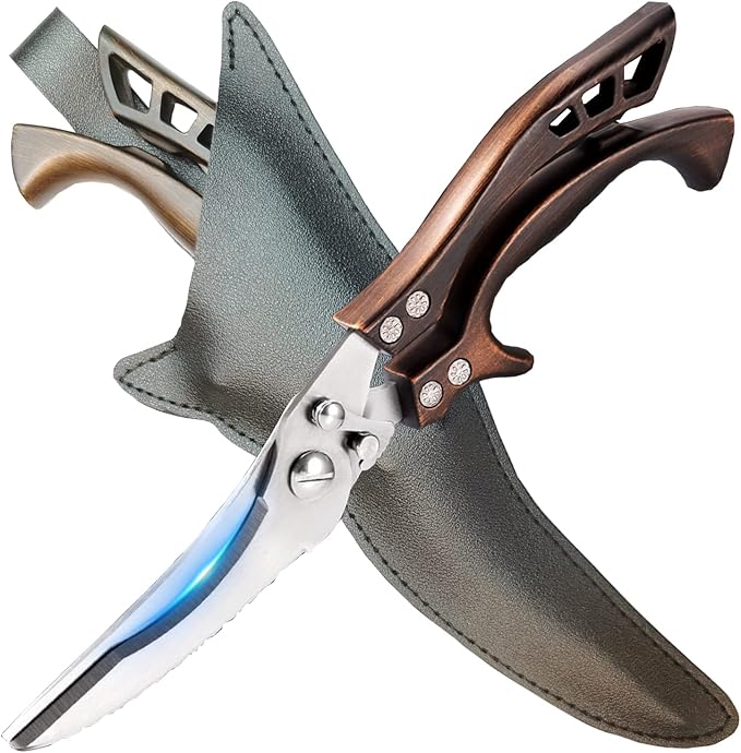 Kitchen Scissors, Heavy Duty Professional Poultry Shears, Stainless Steel Spring Loaded, Dishwasher Safe, with Black Leather Sheath