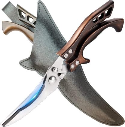 Kitchen Scissors, Heavy Duty Professional Poultry Shears, Stainless Steel Spring Loaded, Dishwasher Safe, with Black Leather Sheath