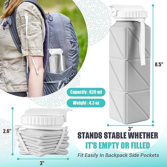 Collapsible Travel Water Bottles, Food Grade BPA Free Silicone Foldable Water Bottle, Leakproof Portable Expandable Water Bottles for Traveling, Camping, Hiking, Cycling & Sports Outdoor 620ml