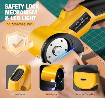 Cordless Electric Scissors,4V Rechargeable Cardboard Cutter Heavy Duty Scissor with Safety Lock & LED Light for Box Carpet Plastic Fabric