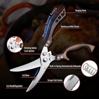 Kitchen Scissors, Heavy Duty Professional Poultry Shears, Stainless Steel Spring Loaded, Dishwasher Safe, with Black Leather Sheath