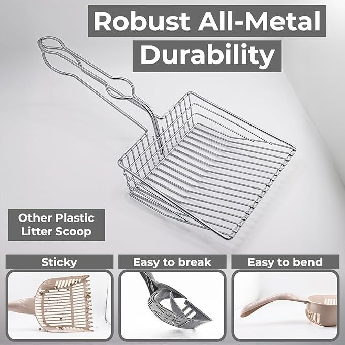 Cat Litter Scoop - Extra Large Heavy Duty Metal Kitty Litter Scoop, Premium Stainless Steel Cat Poop Scooper, Durable Sifting Shovel with Long Handle for Easy Cleanup