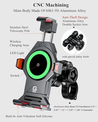 Motorcycle Phone Mount with 15W Wireless Charging – Universal & Waterproof