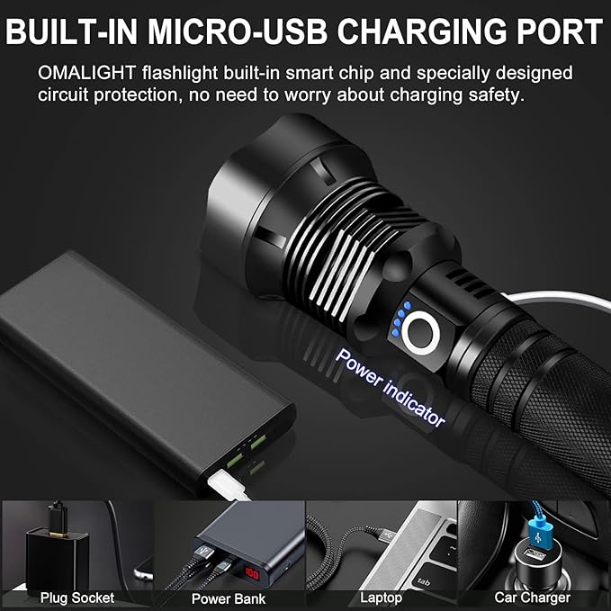 Rechargeable LED Flashlight, High Lumens XHP90.2 Super Bright Tactical Flashlights with Zoomable 10 Modes Waterproof Flash Light for Camping Emergencies Outdoor Indoor