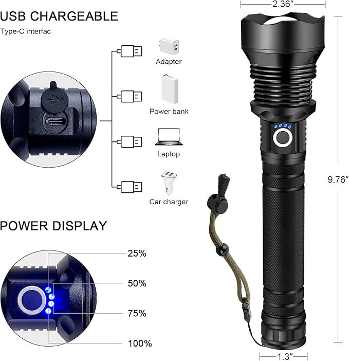 Rechargeable LED Flashlight, High Lumens XHP90.2 Super Bright Tactical Flashlights with Zoomable 10 Modes Waterproof Flash Light for Camping Emergencies Outdoor Indoor