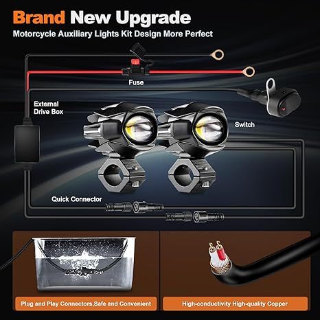 Motorcycle Auxiliary LED Lights - IP68 Waterproof Fog & Driving Light Kit