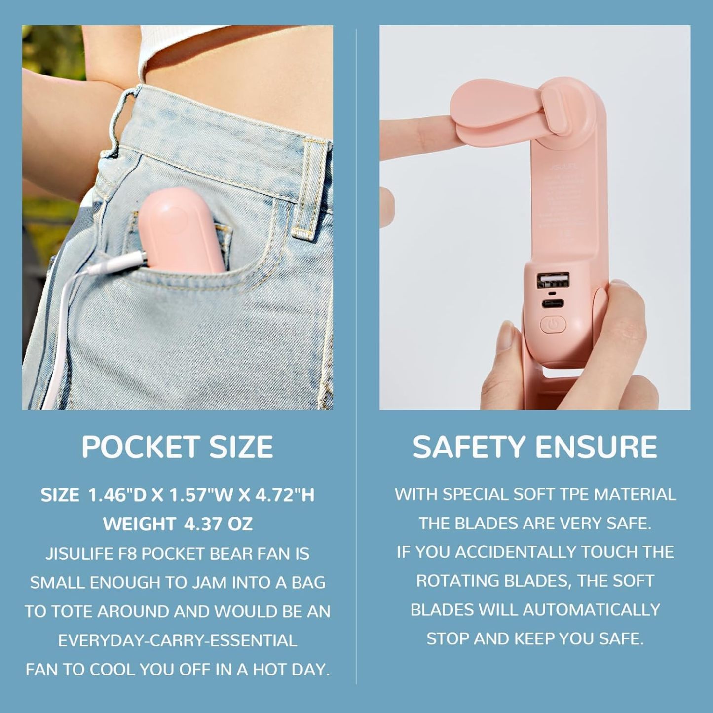 Handheld Mini Fan, 3 IN 1 USB Rechargeable Portable Fan [12-19 Working Hours] with Power Bank, Flashlight, Pocket Design for Travel/Summer/Concerts/Lash, Gifts for Women