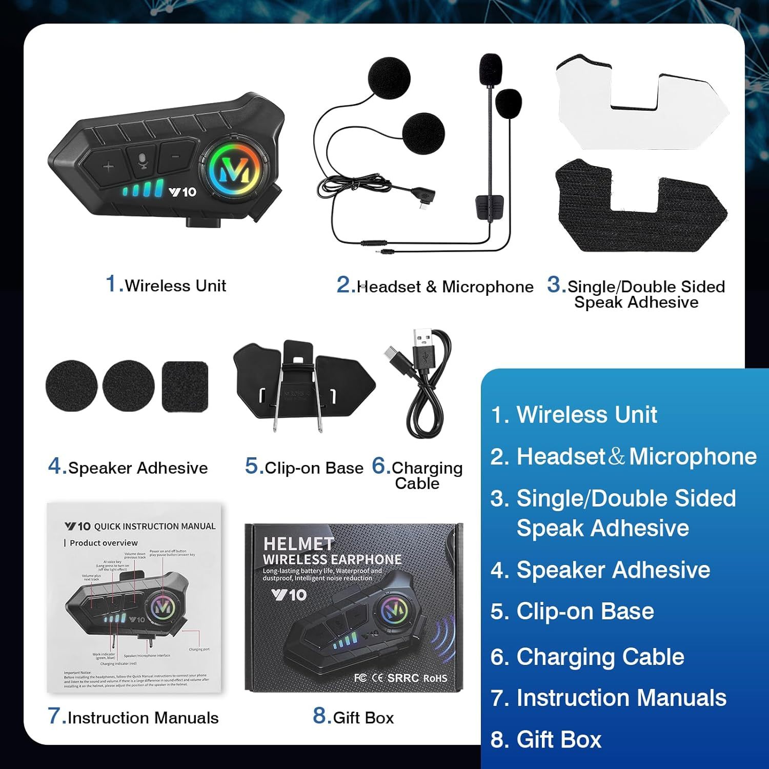 Y10 Motorcycle Helmet Speakers - Wireless Bluetooth 5.3 Headset