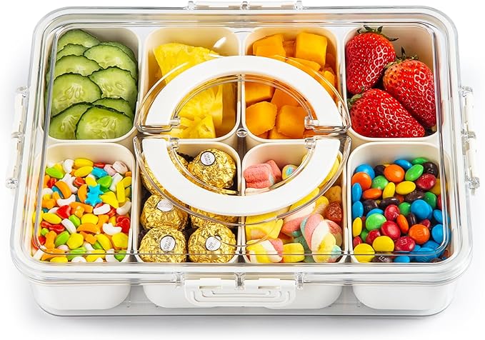 Snackle Box Container,Divided Clear Snack Box Serving Tray with Lid and Handle,8 Compartments Snack Tray,Portable Travel Snack Container,Perfect for Party, Travel, & Picniccnic