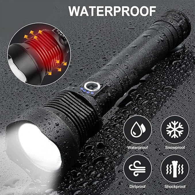 Rechargeable LED Flashlight, High Lumens XHP90.2 Super Bright Tactical Flashlights with Zoomable 10 Modes Waterproof Flash Light for Camping Emergencies Outdoor Indoor