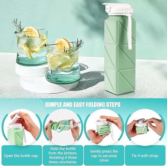 Collapsible Travel Water Bottles, Food Grade BPA Free Silicone Foldable Water Bottle, Leakproof Portable Expandable Water Bottles for Traveling, Camping, Hiking, Cycling & Sports Outdoor 620ml