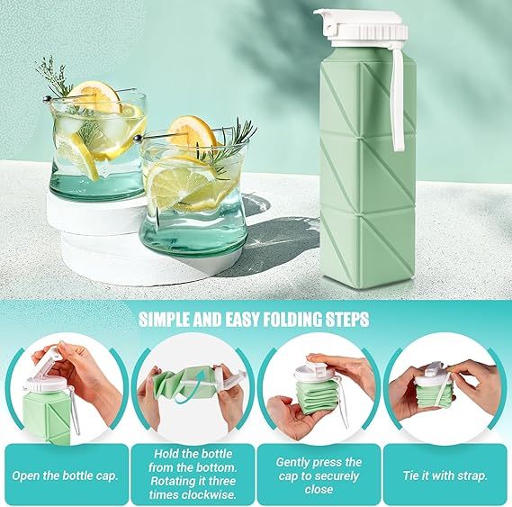 Collapsible Travel Water Bottles, Food Grade BPA Free Silicone Foldable Water Bottle, Leakproof Portable Expandable Water Bottles for Traveling, Camping, Hiking, Cycling & Sports Outdoor 620ml
