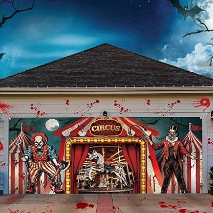 7 x 16 ft Halloween Garage Door Cover Decoration Evil Circus Garage Door Banner Clown Halloween Backdrop Carnival Creepy Clown Backdrop Evil Circus Background for Birthday Photography Party
