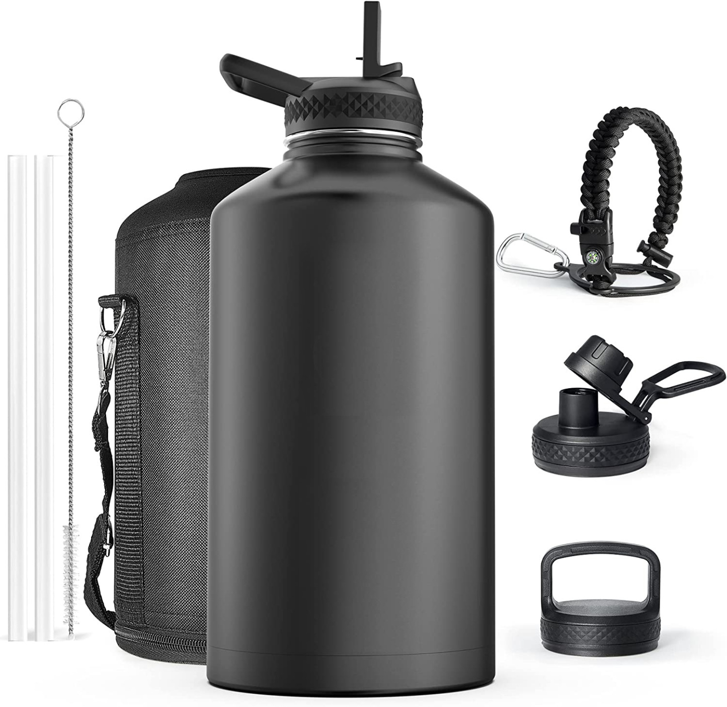 Water Bottle Insulated with Lid and Straw,Double Wall Vacuum Stainless Steel Metal Tumbler Sports Flask with Paracord Handle, Keep Cold 48 Hours Water Cup with 3 Lids