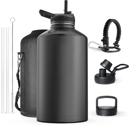 Water Bottle Insulated with Lid and Straw,Double Wall Vacuum Stainless Steel Metal Tumbler Sports Flask with Paracord Handle, Keep Cold 48 Hours Water Cup with 3 Lids