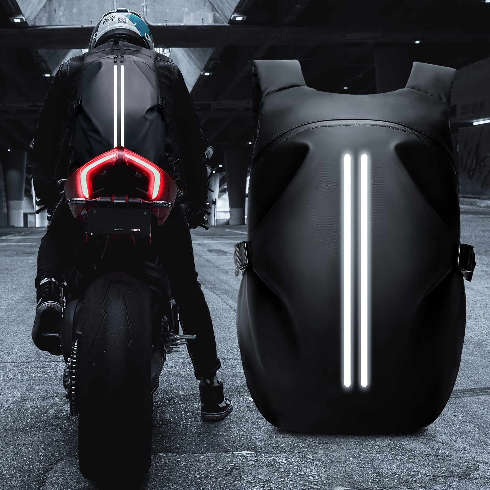 Motorcycle Backpack with Helmet Carry - Water Resistant & Reflective