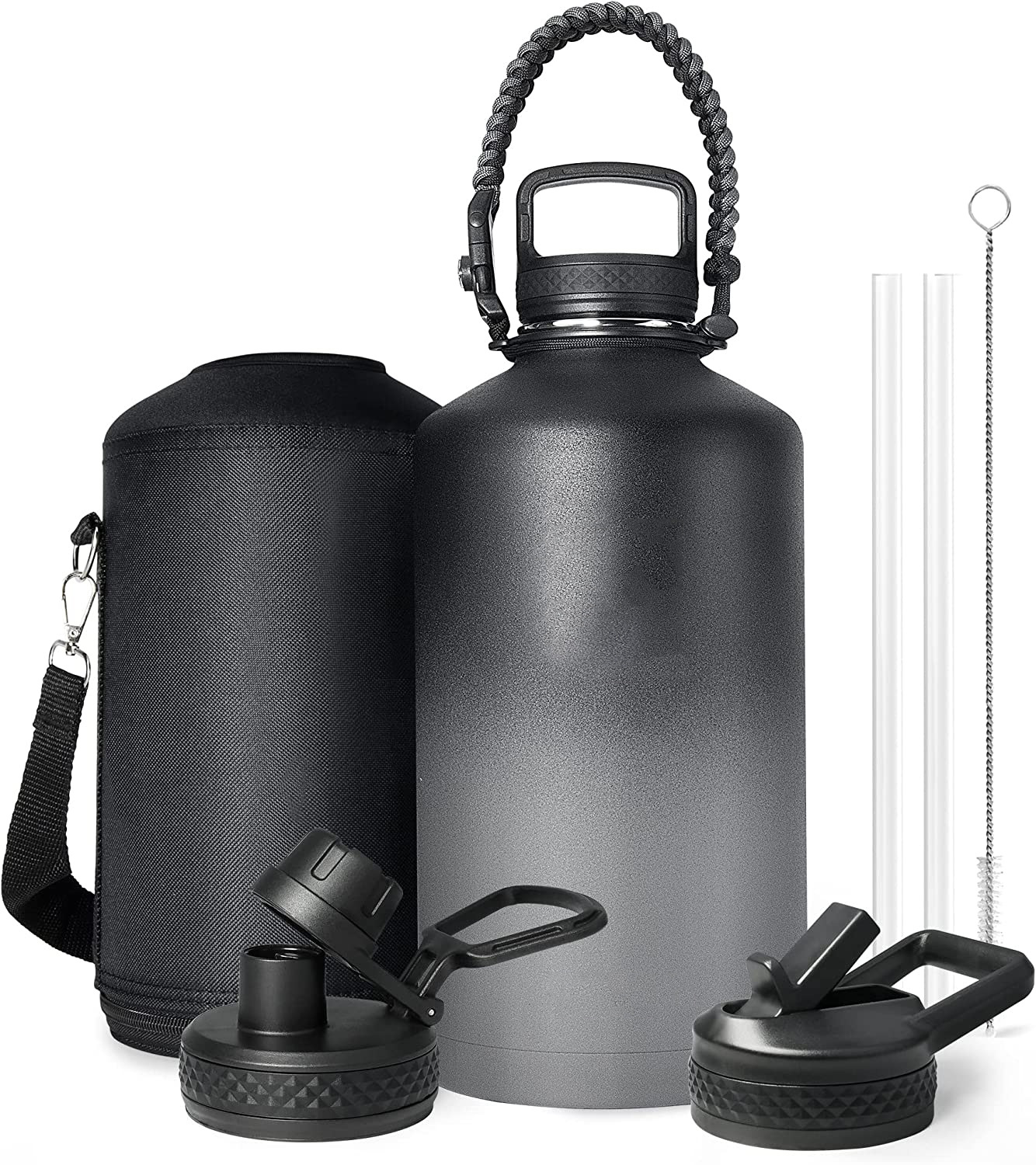Water Bottle Insulated with Lid and Straw,Double Wall Vacuum Stainless Steel Metal Tumbler Sports Flask with Paracord Handle, Keep Cold 48 Hours Water Cup with 3 Lids