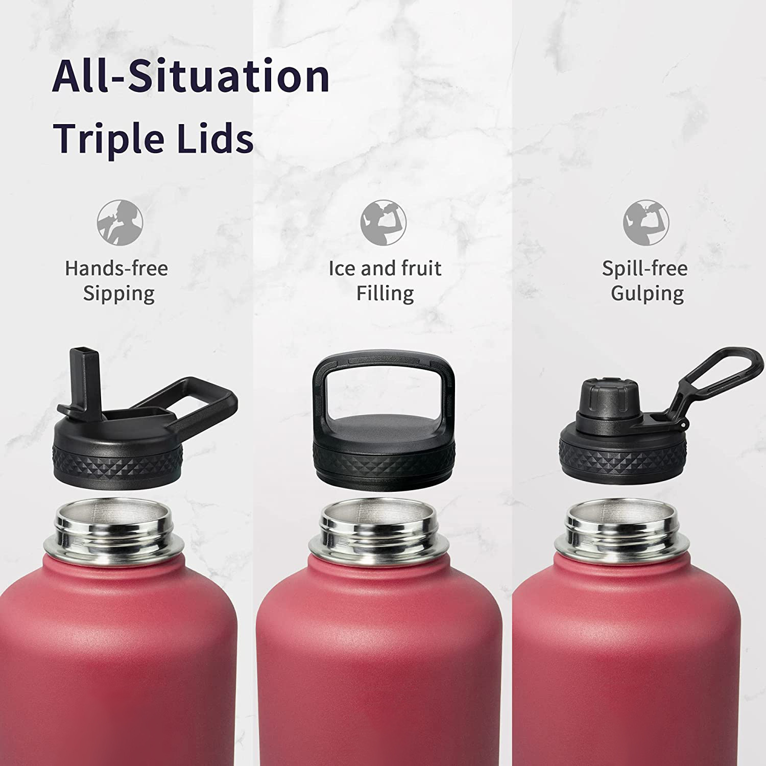 Water Bottle Insulated with Lid and Straw,Double Wall Vacuum Stainless Steel Metal Tumbler Sports Flask with Paracord Handle, Keep Cold 48 Hours Water Cup with 3 Lids