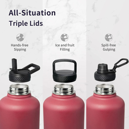 Water Bottle Insulated with Lid and Straw,Double Wall Vacuum Stainless Steel Metal Tumbler Sports Flask with Paracord Handle, Keep Cold 48 Hours Water Cup with 3 Lids