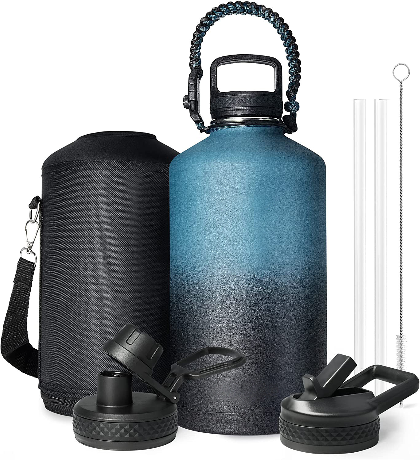 Water Bottle Insulated with Lid and Straw,Double Wall Vacuum Stainless Steel Metal Tumbler Sports Flask with Paracord Handle, Keep Cold 48 Hours Water Cup with 3 Lids