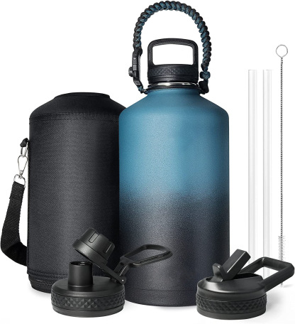 Water Bottle Insulated with Lid and Straw,Double Wall Vacuum Stainless Steel Metal Tumbler Sports Flask with Paracord Handle, Keep Cold 48 Hours Water Cup with 3 Lids