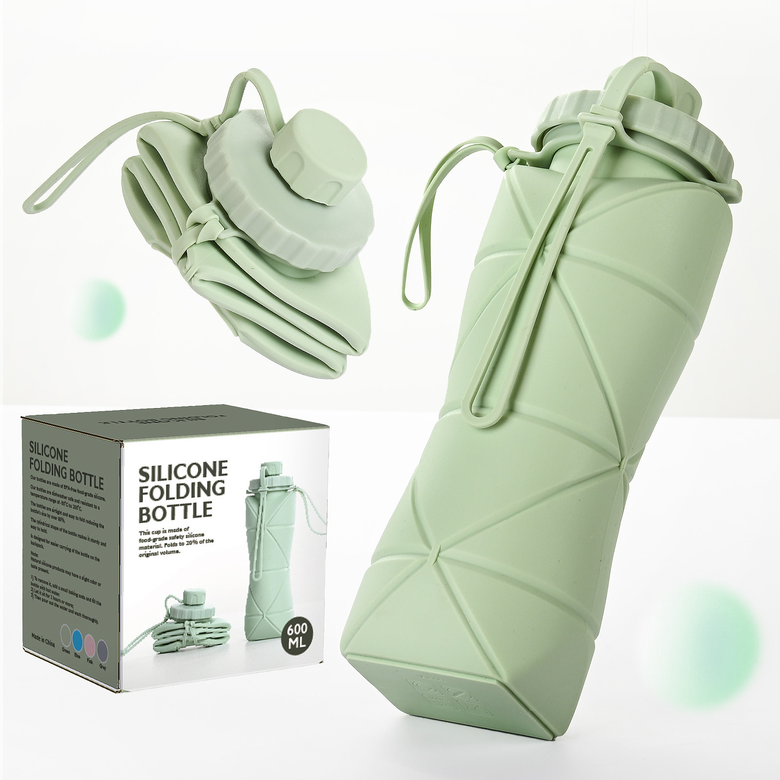 Silicone Travel Folding Water Bottle Leakproof Flexible BPA Free Portable, Lightweight for Camping, Hiking, Sports Travel 23oz