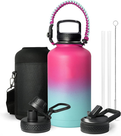 Water Bottle Insulated with Lid and Straw,Double Wall Vacuum Stainless Steel Metal Tumbler Sports Flask with Paracord Handle, Keep Cold 48 Hours Water Cup with 3 Lids