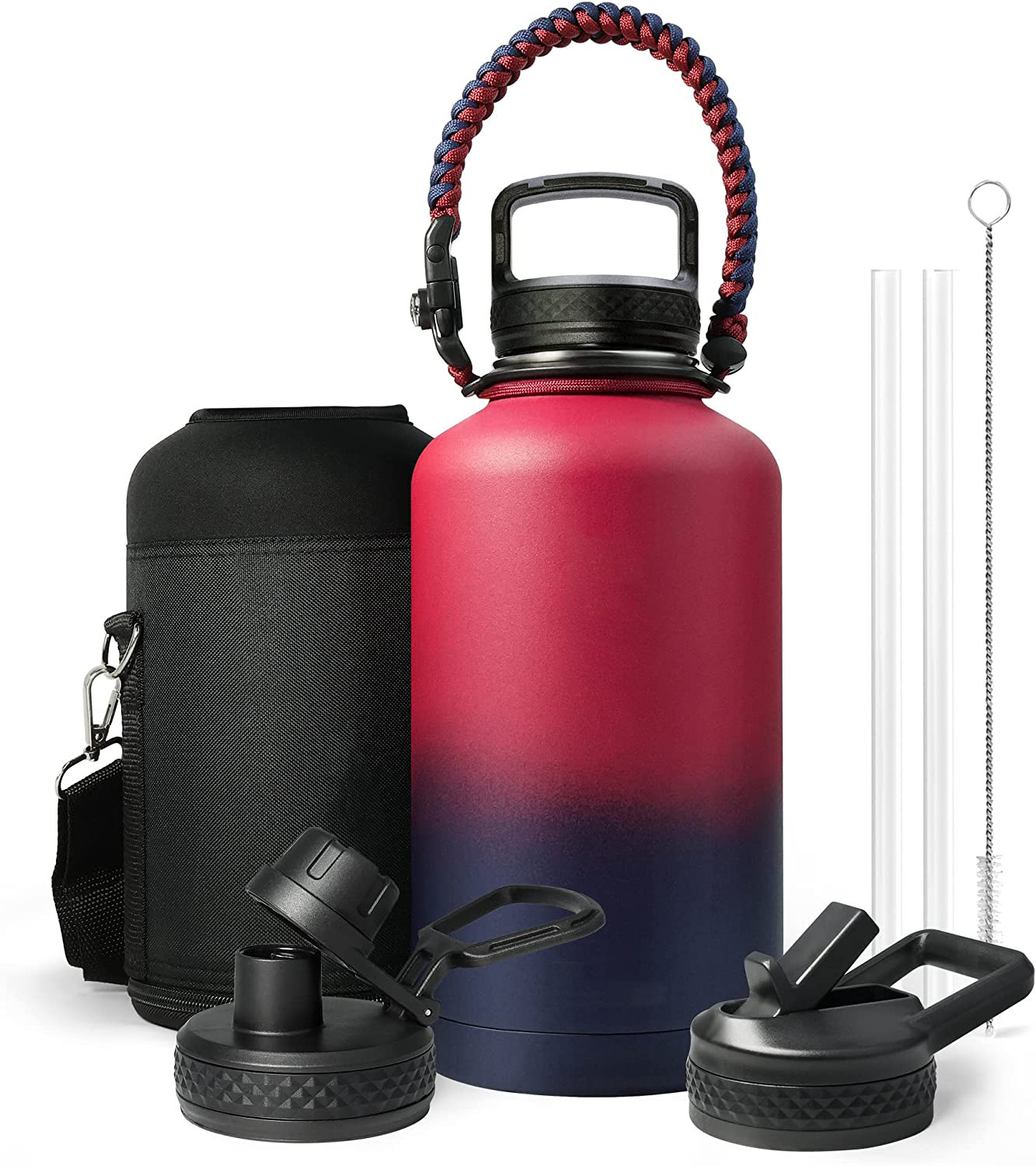 Water Bottle Insulated with Lid and Straw,Double Wall Vacuum Stainless Steel Metal Tumbler Sports Flask with Paracord Handle, Keep Cold 48 Hours Water Cup with 3 Lids