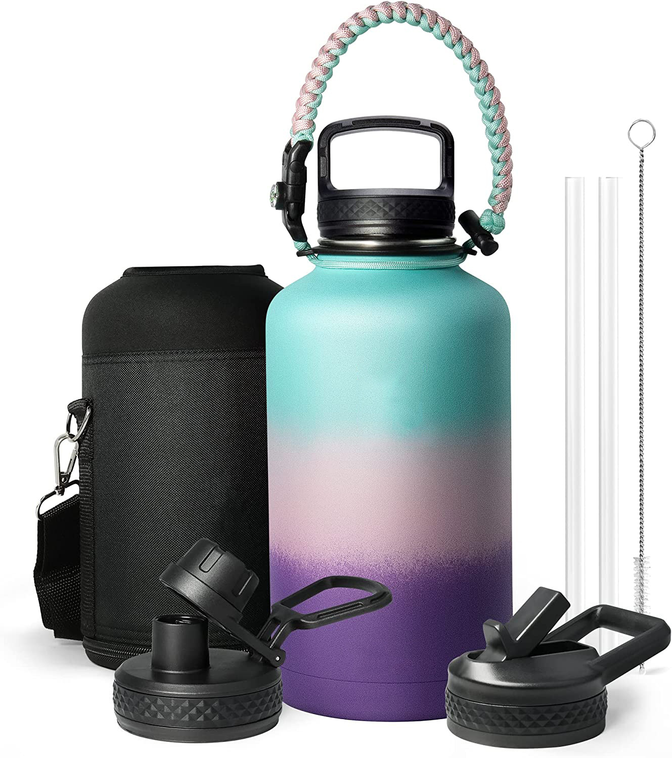 Water Bottle Insulated with Lid and Straw,Double Wall Vacuum Stainless Steel Metal Tumbler Sports Flask with Paracord Handle, Keep Cold 48 Hours Water Cup with 3 Lids
