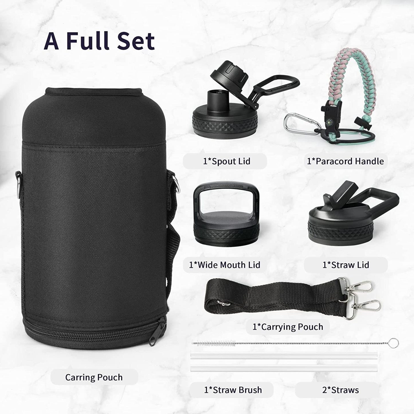 Water Bottle Insulated with Lid and Straw,Double Wall Vacuum Stainless Steel Metal Tumbler Sports Flask with Paracord Handle, Keep Cold 48 Hours Water Cup with 3 Lids