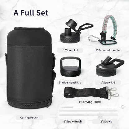 Water Bottle Insulated with Lid and Straw,Double Wall Vacuum Stainless Steel Metal Tumbler Sports Flask with Paracord Handle, Keep Cold 48 Hours Water Cup with 3 Lids
