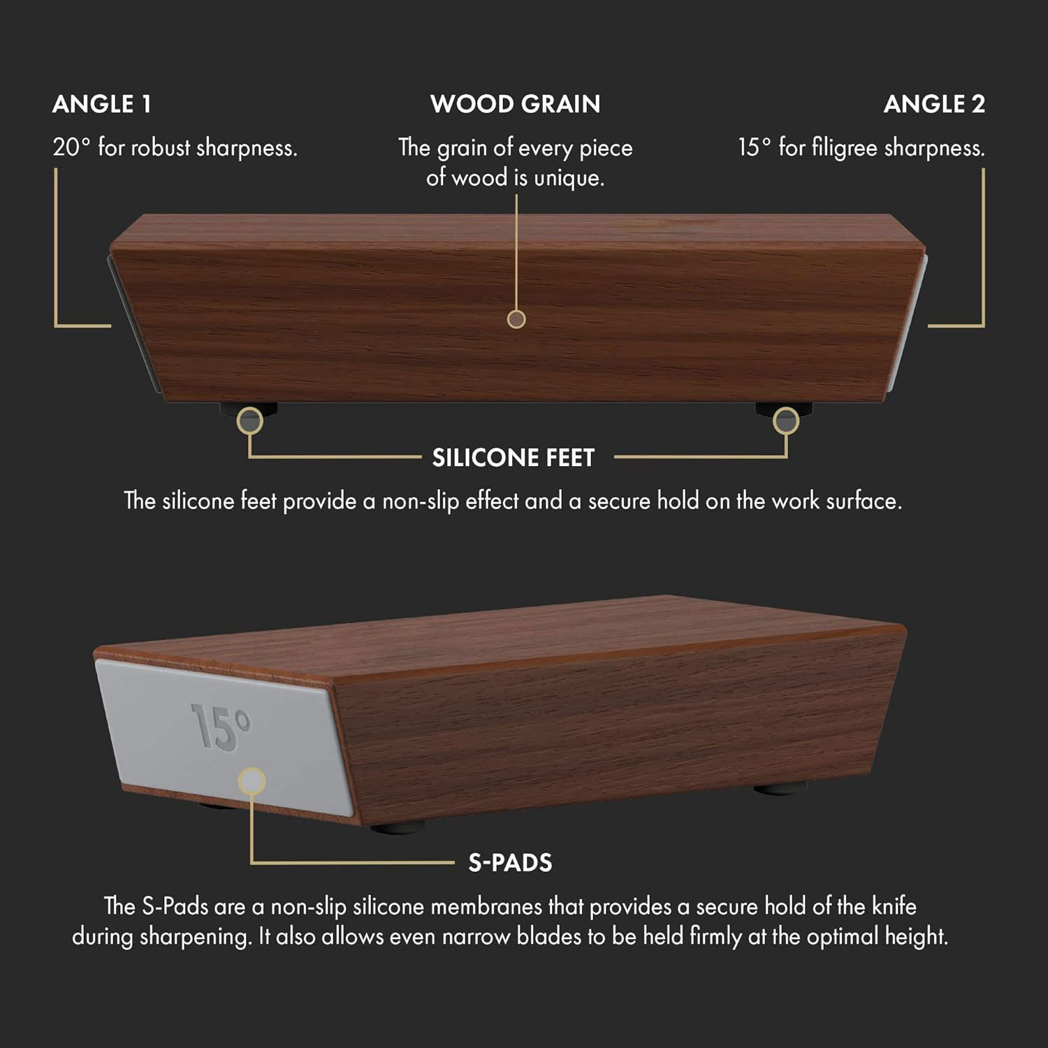 2 Walnut Rolling Knife Sharpener - Kitchen Knife Sharpener for Razor Sharp Edges Made in Germany - Easy Knife Sharpening Kit - Roller with Magnetic Holder with 15 & 20 Degrees