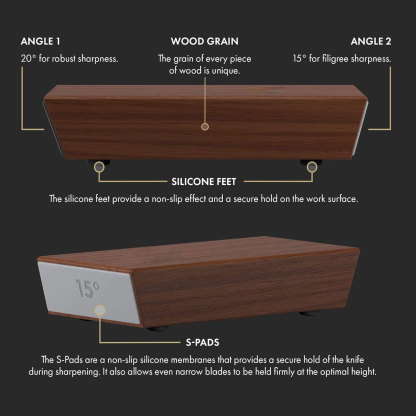 2 Walnut Rolling Knife Sharpener - Kitchen Knife Sharpener for Razor Sharp Edges Made in Germany - Easy Knife Sharpening Kit - Roller with Magnetic Holder with 15 & 20 Degrees