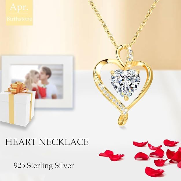 Heart Birthstone Necklace for Women Fine Jewelry 925 Sterling Silver Heart Necklace Dainty Pendant Anniversary Birthday Christmas Gifts for Her Girlfriend Wife Mom Lady Daughter Chain