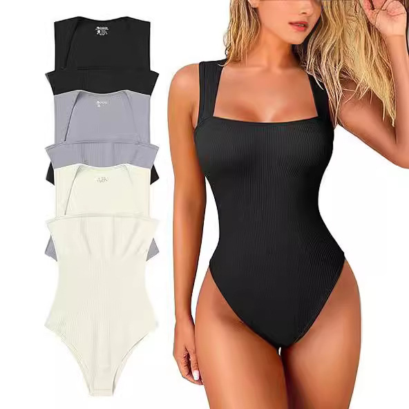 Fitness Womenswear 3 Piece Bodysuits Stretchy Underwear Sexy Ribbed Square Sleeveless Stretchy Tank Tops