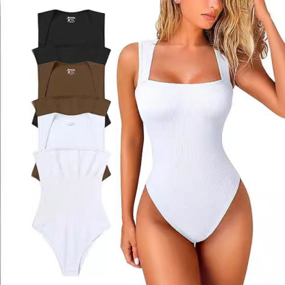 Fitness Womenswear 3 Piece Bodysuits Stretchy Underwear Sexy Ribbed Square Sleeveless Stretchy Tank Tops