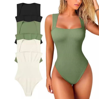 Fitness Womenswear 3 Piece Bodysuits Stretchy Underwear Sexy Ribbed Square Sleeveless Stretchy Tank Tops