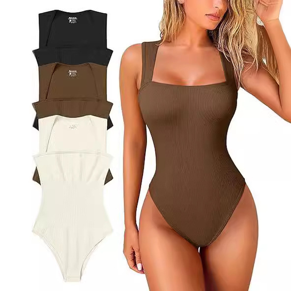 Fitness Womenswear 3 Piece Bodysuits Stretchy Underwear Sexy Ribbed Square Sleeveless Stretchy Tank Tops