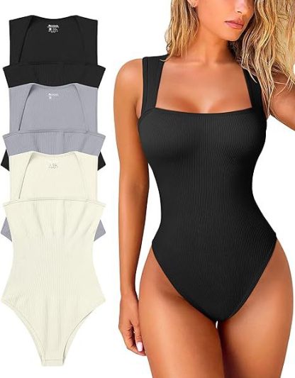 Fitness Womenswear 3 Piece Bodysuits Stretchy Underwear Sexy Ribbed Square Sleeveless Stretchy Tank Tops