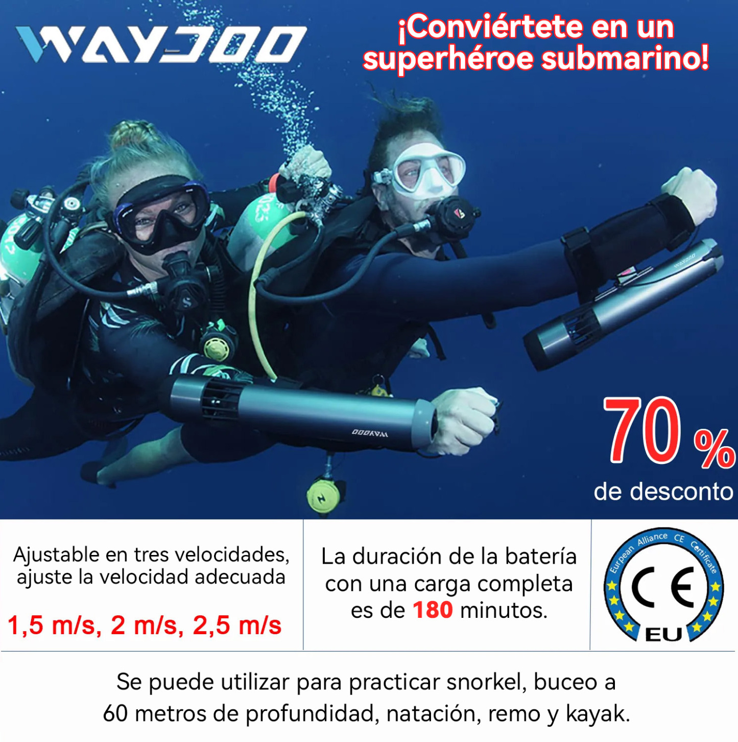 Hélice submarina Subnado-Scooter, regulable en tres velocidades, 180 minutos de duración de la batería